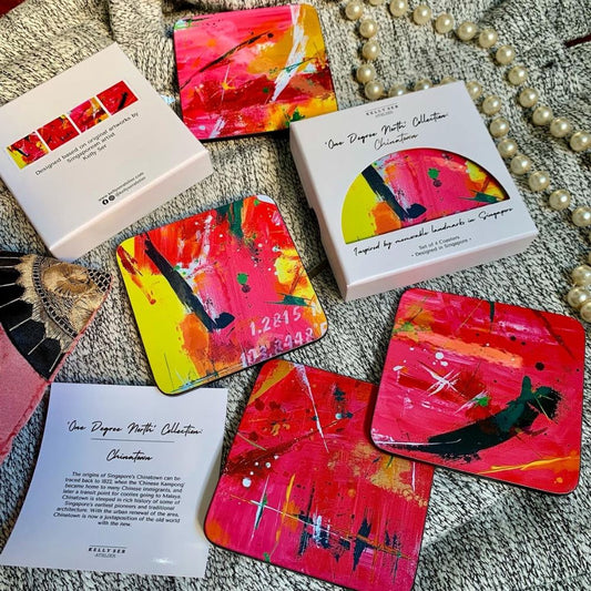 Singapore Coasters, Coasters from Singapore, One degree north coasters, Abstract Art, Pink Art Coasters, Chinatown Coasters, Chinatown Art Inspiration