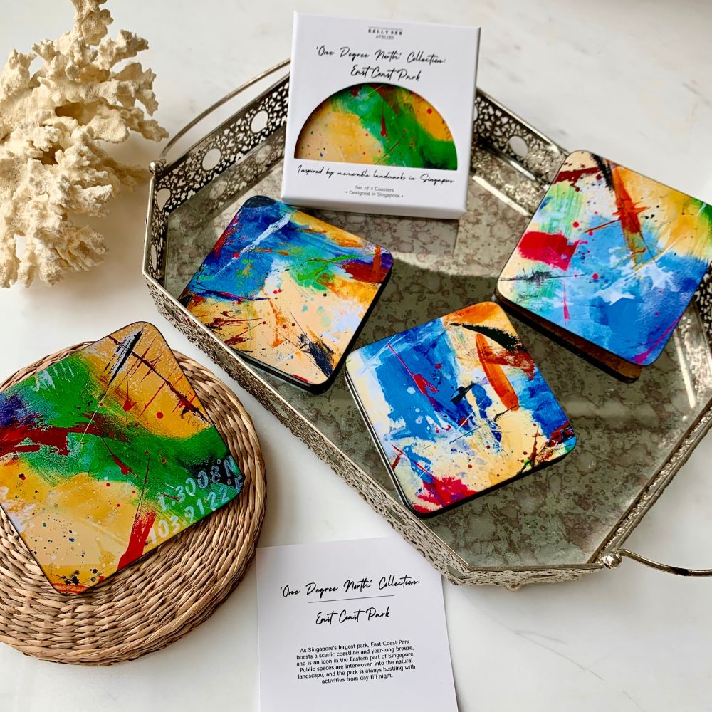 Singapore Coasters, Coasters from Singapore, One degree north coasters, Abstract Art, Blue Art Coasters, East Coast Park Coasters, East Coast Park Art Inspiration