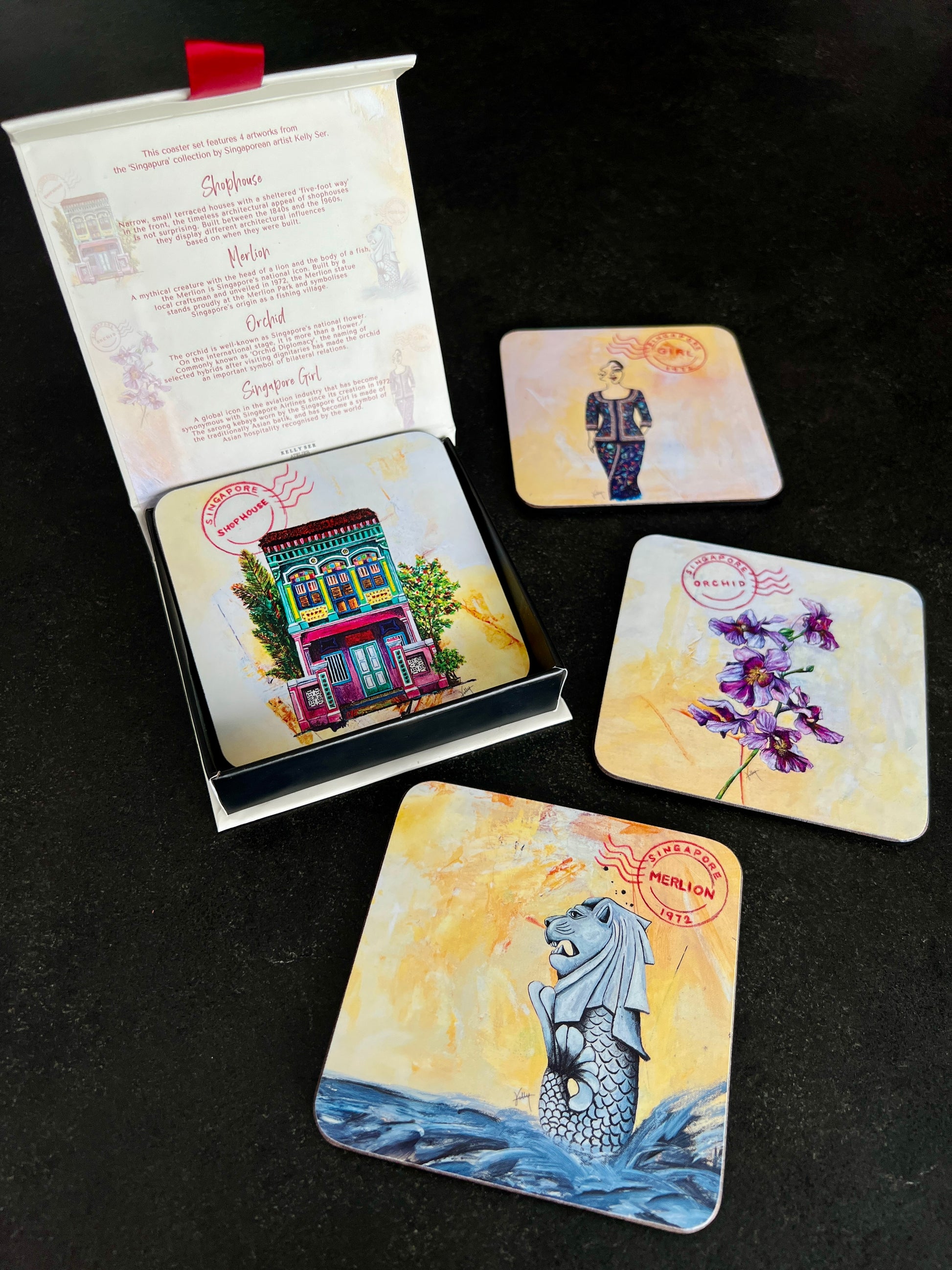 Singapore shophouse coaster, Orchid coaster, Singapore girl coaster