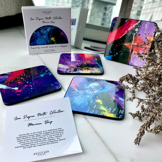 Singapore Coasters, Coasters from Singapore, One degree north coasters, Abstract Art, Purple Art Coasters, Marina bay Coasters, Marina Bay Art Inspiration