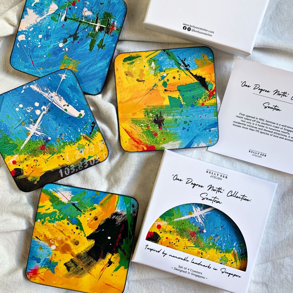Singapore Coasters, Coasters from Singapore, One degree north coasters, Abstract Art, Blue Art Coasters, Sentosa Coasters, Sentosa Art Inspiration