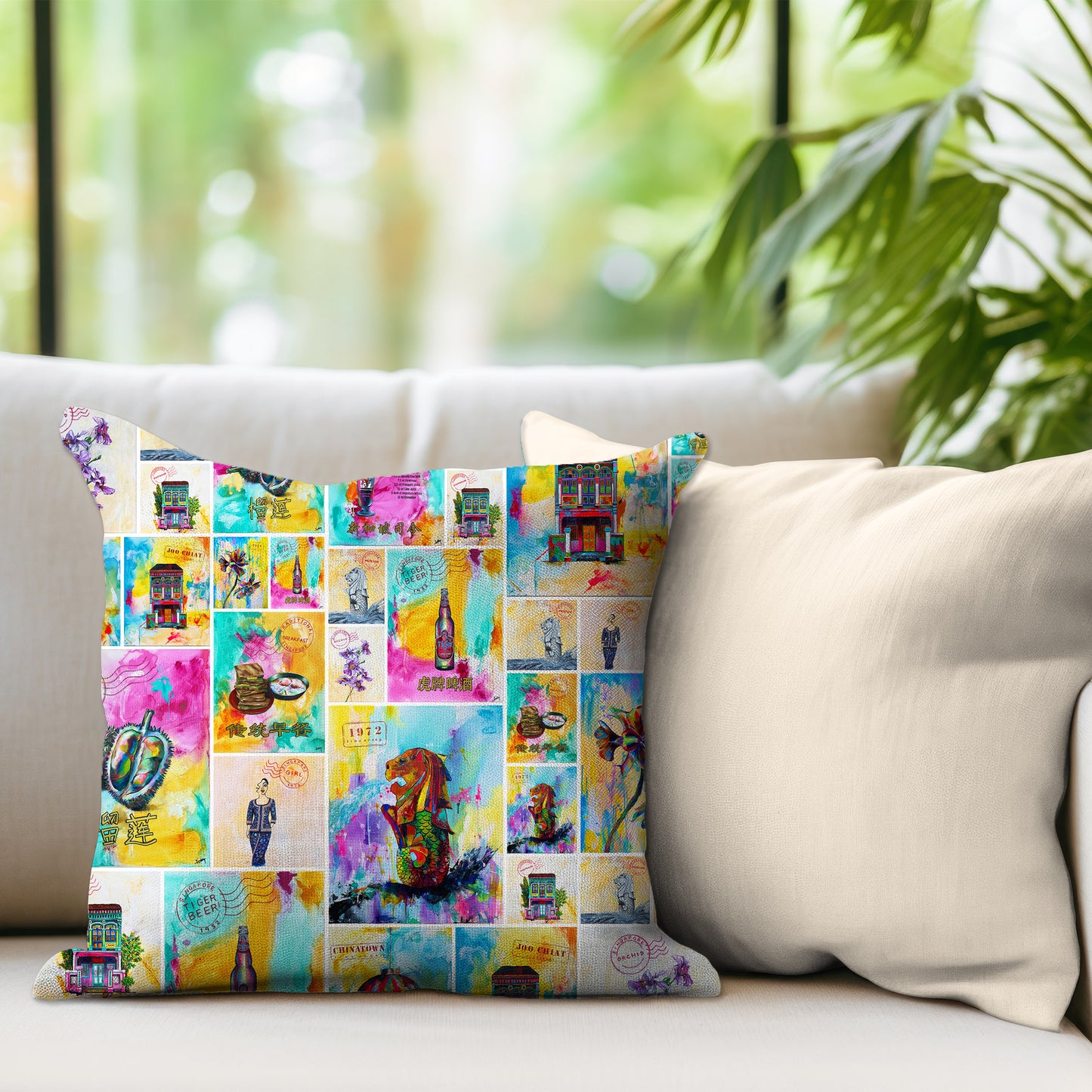 Singapore Cushion cover, Singapore artwork cushion cover, kellys cushion cover, Merlion Cushion Cover, Joo Chiat Cushion Cover, Chinatown cushion cover, Singapore Sling Cushion Cover