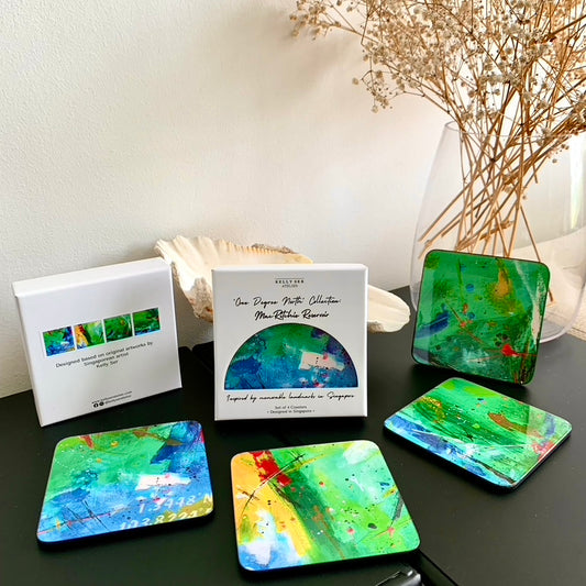 Singapore Coasters, Coasters from Singapore, One degree north coasters, Abstract Art, Green Art Coasters, MacRitchie Reservoir Coasters, MacRitchie Reservoir Art Inspiration