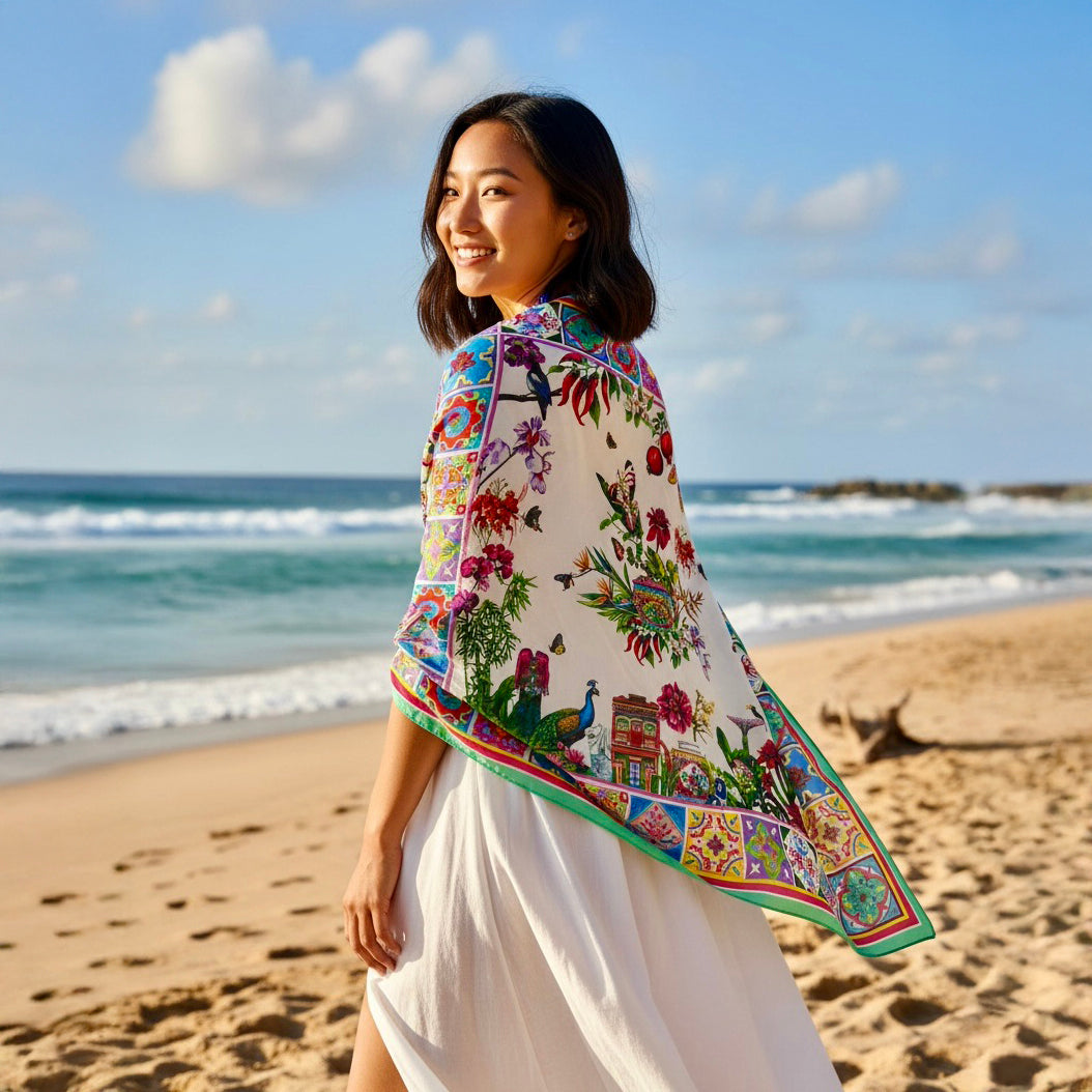 Singapore Silk Scarf | Peranakan Heritage & Nature Art | Luxury
