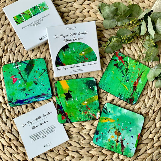 Singapore Coasters, Coasters from Singapore, One degree north coasters, Abstract Art, Green Art Coasters, Botanic Garden Coasters, Botanic Garden Art Inspiration