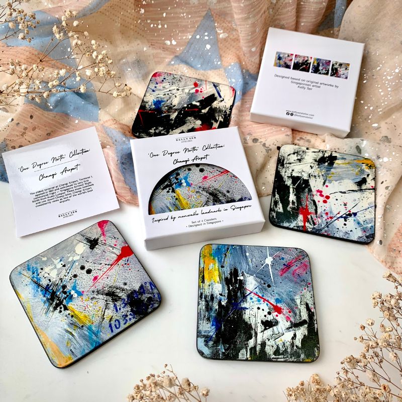 Singapore Coasters, Coasters from Singapore, One degree north coasters, Abstract Art, Grey Art Coasters, Changi Airport Coasters, Changi Airport Art Inspiration