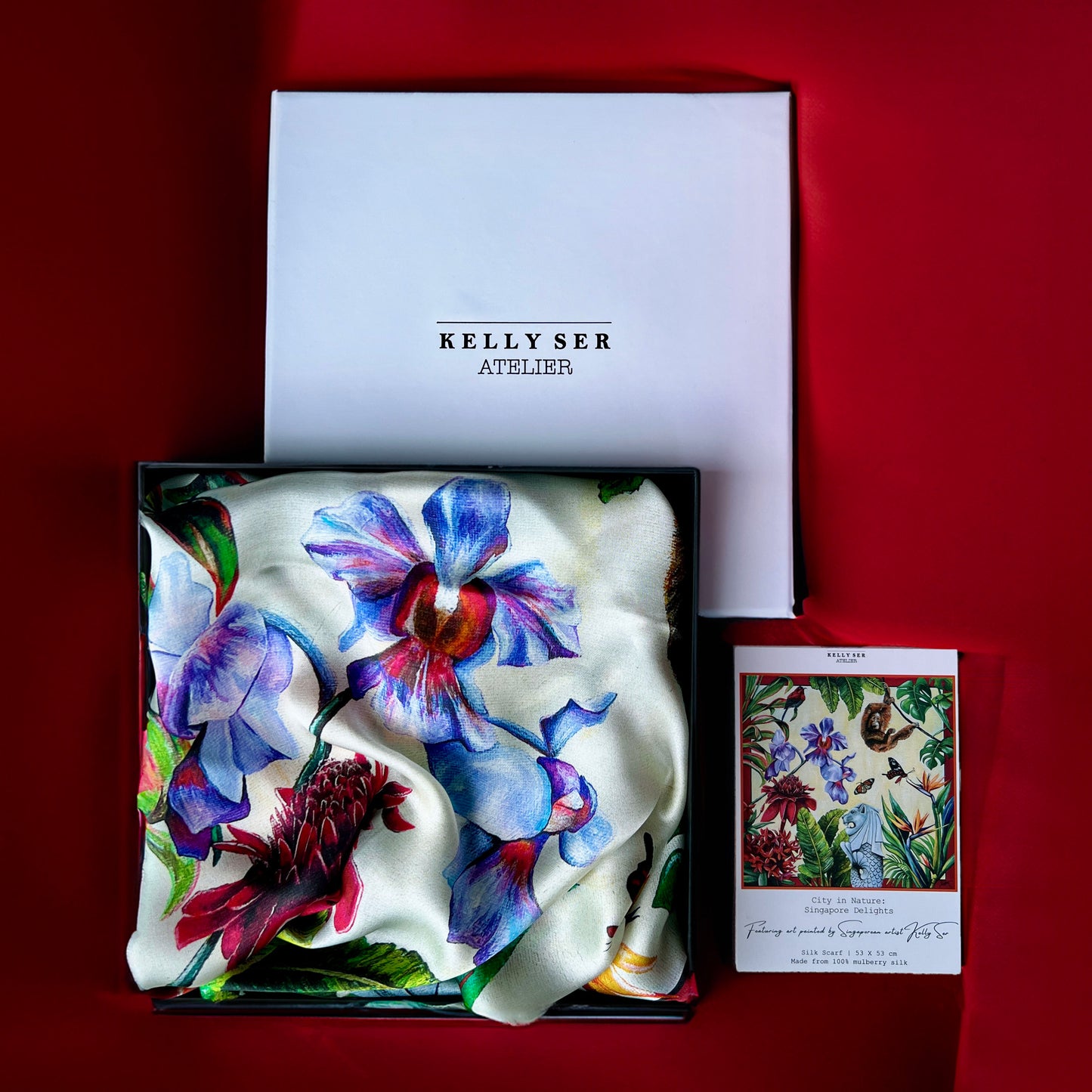 Gift from singapore, Merlion art, silk scarf, Singapore scarf, premium silk scarf, scarf from singapore, luxury gift from singapore, silk scarves, binary style, kelly ser, luxury souvenir
