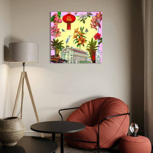 A square wall art print featuring a colorful Chinese New Year theme with a red lantern, flowers, birds, and a Singapore Fullerton Hotel facade with red lantern, orchids, bump boat, Merlion, hibiscus