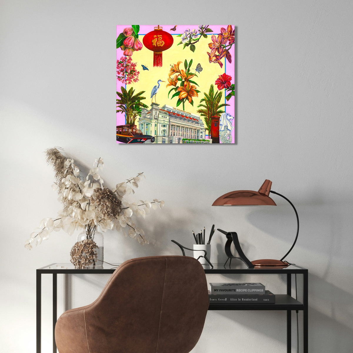 A square canvas wall art print featuring a vibrant Chinese New Year collage with a red lantern, floral motifs, a Singapore Fullerton Hotel artwork with red lantern, orchids, bump boat, Merlion, hibiscus