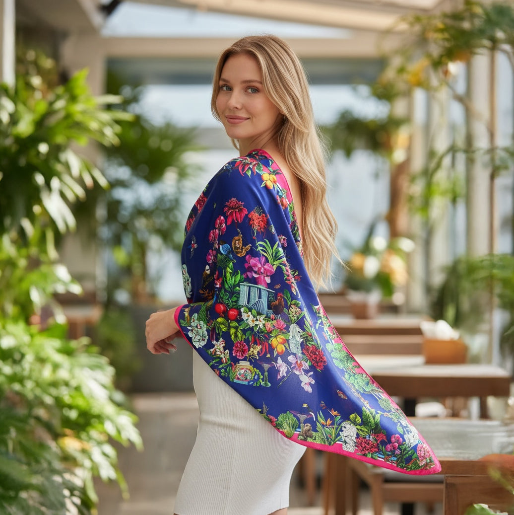 Styling a luxury silk scarf with tropical Singapore motifs