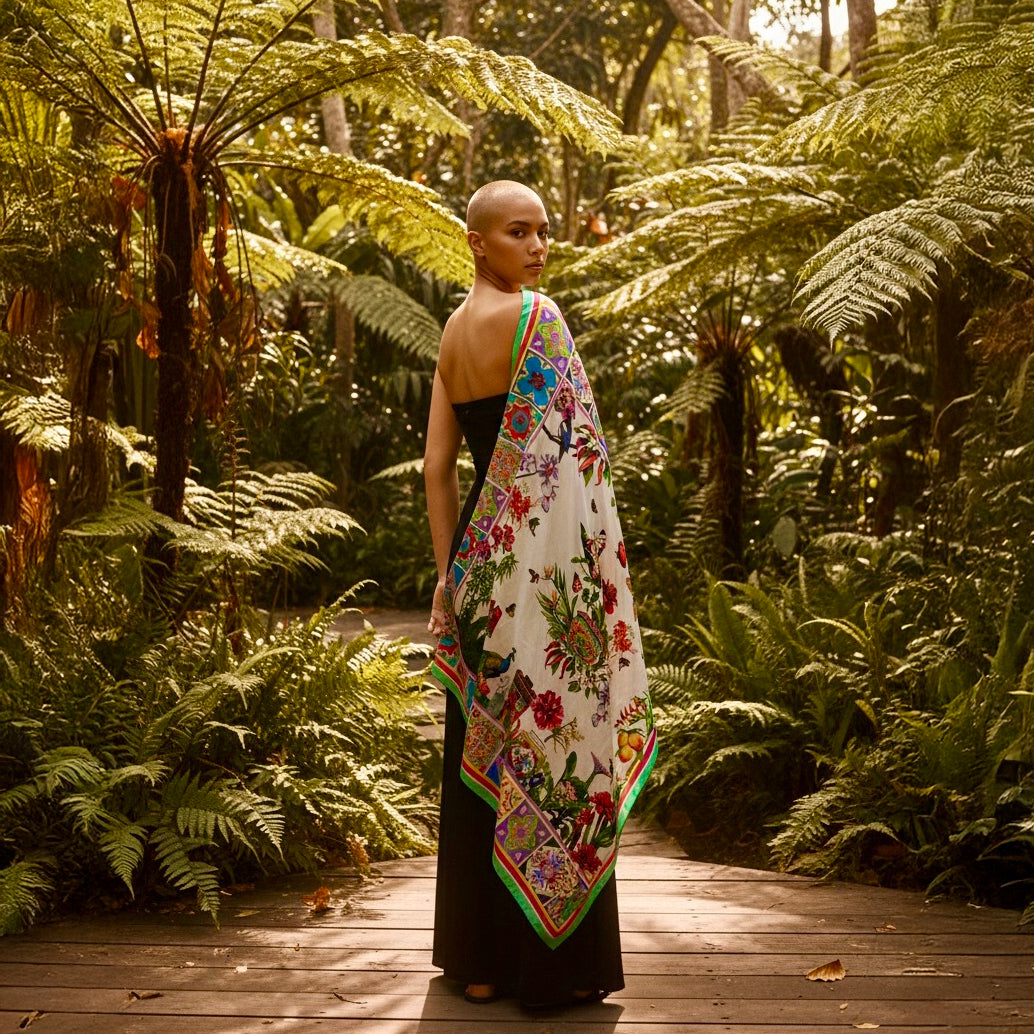 Singapore Silk Scarf | Peranakan Heritage & Nature Art | Luxury