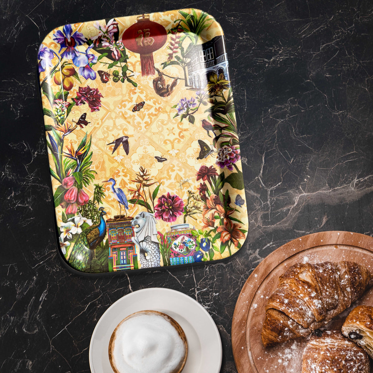 Heritage in Bloom Bamboo Tray featuring hand-painted Vanda Miss Joaquim and Peranakan tile art