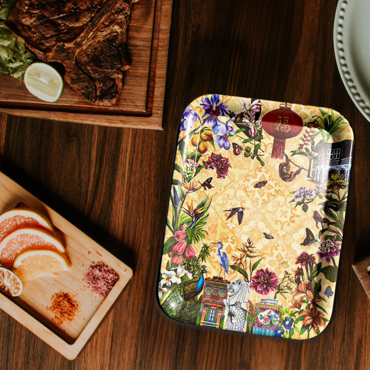 Kelly Ser eco-friendly bamboo tray serving food featuring Singapore vegetation, plants and flowers