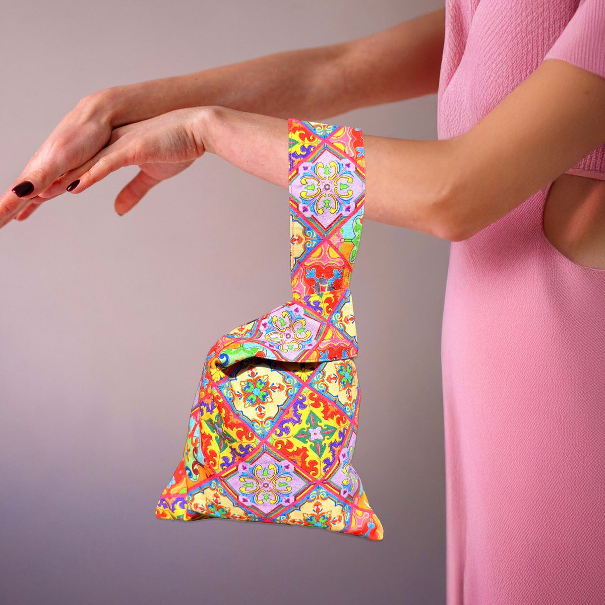 Japanese Knot Bag featuring Peranakan and Mediterranean ceramic tile art
