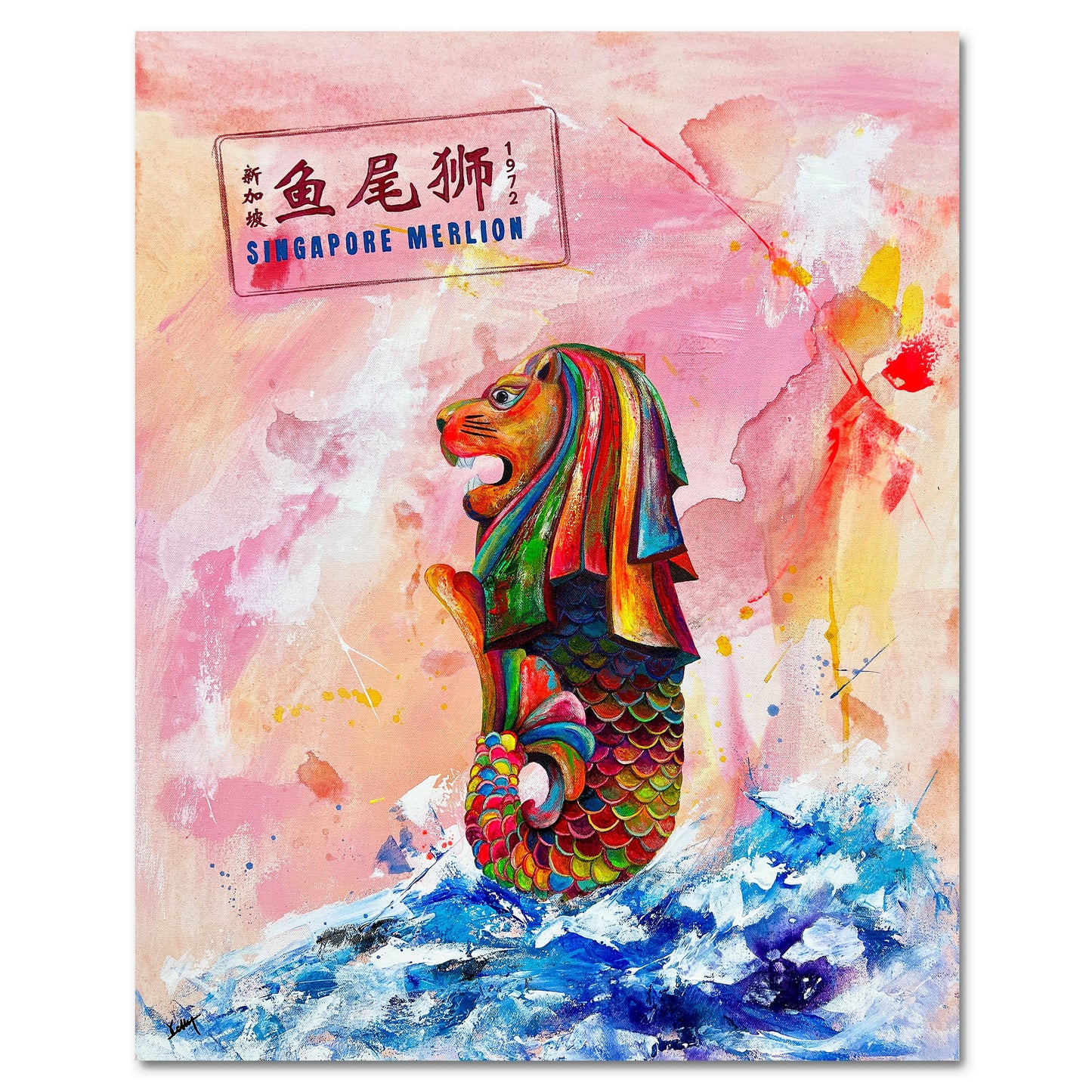 Colorful Singapore Merlion statue on a watercolor background with 'Singapore Merlion' text.