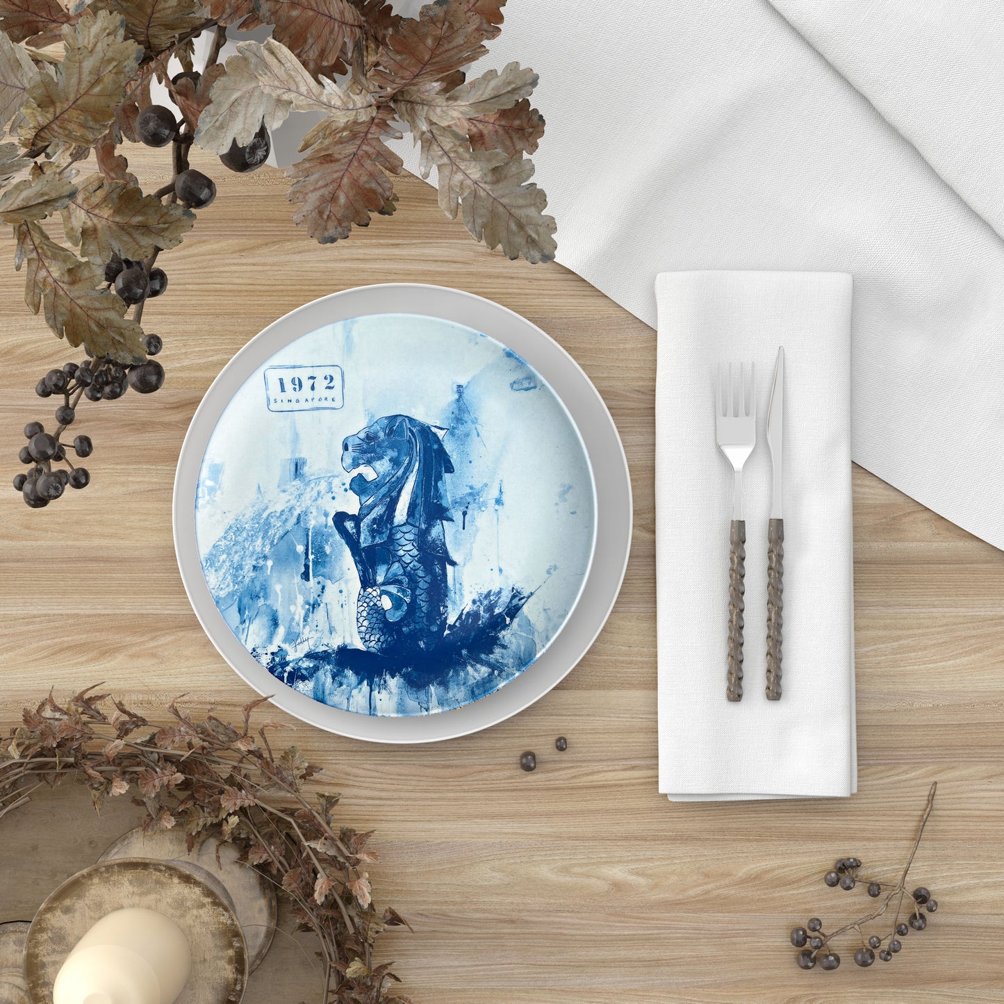 Blue Bamboo Plate: Merlion