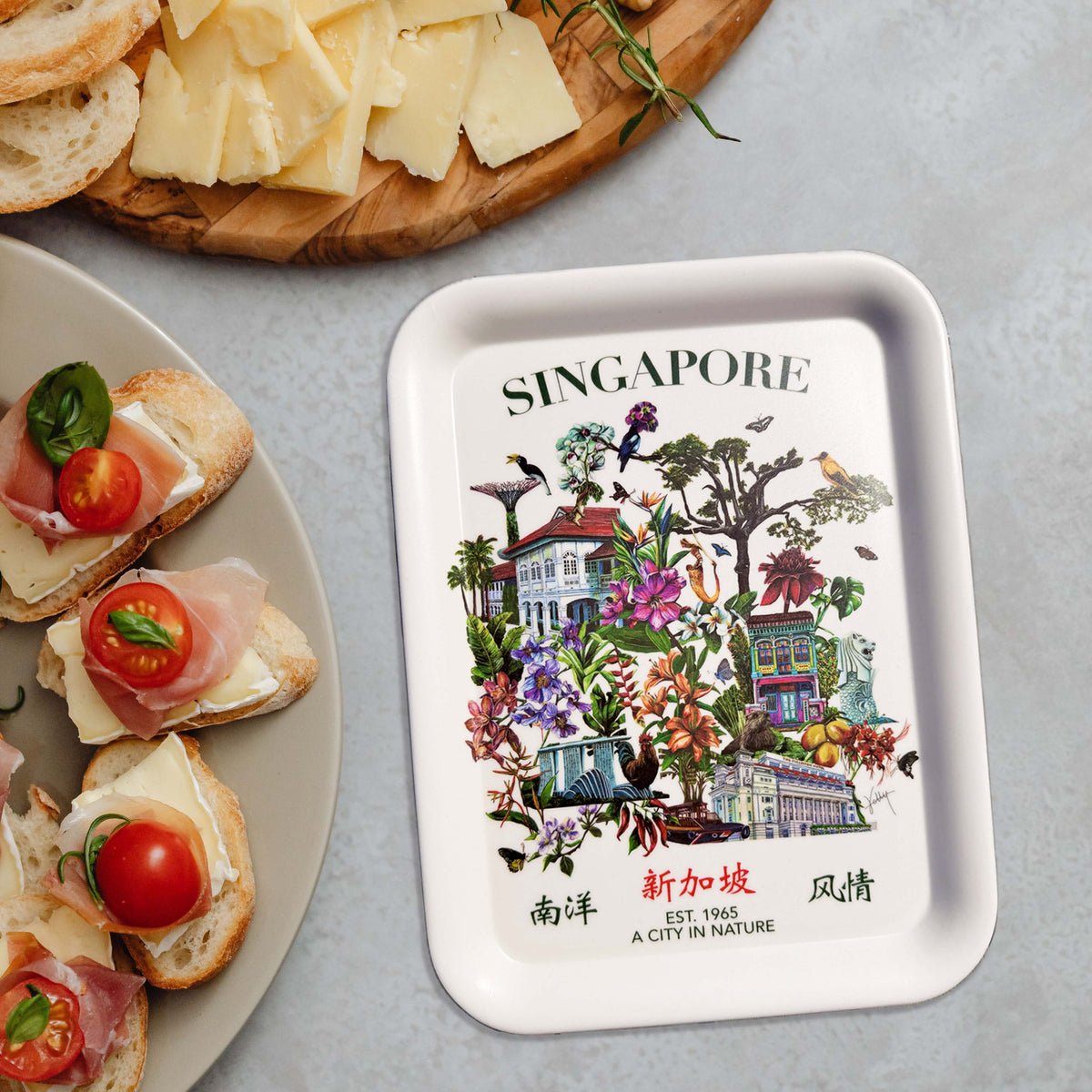 Nanyang Charm Bamboo Tray by Kelly Ser featuring Singapore Merlion, Peranakan shophouse art, flora and fauna of Singapore