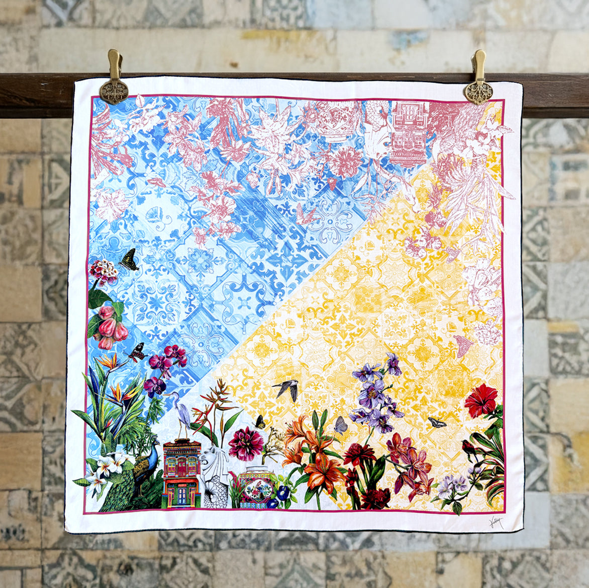 Kelly Ser Oriental Blossom silk scarf displayed as a luxury Singapore heritage art gift