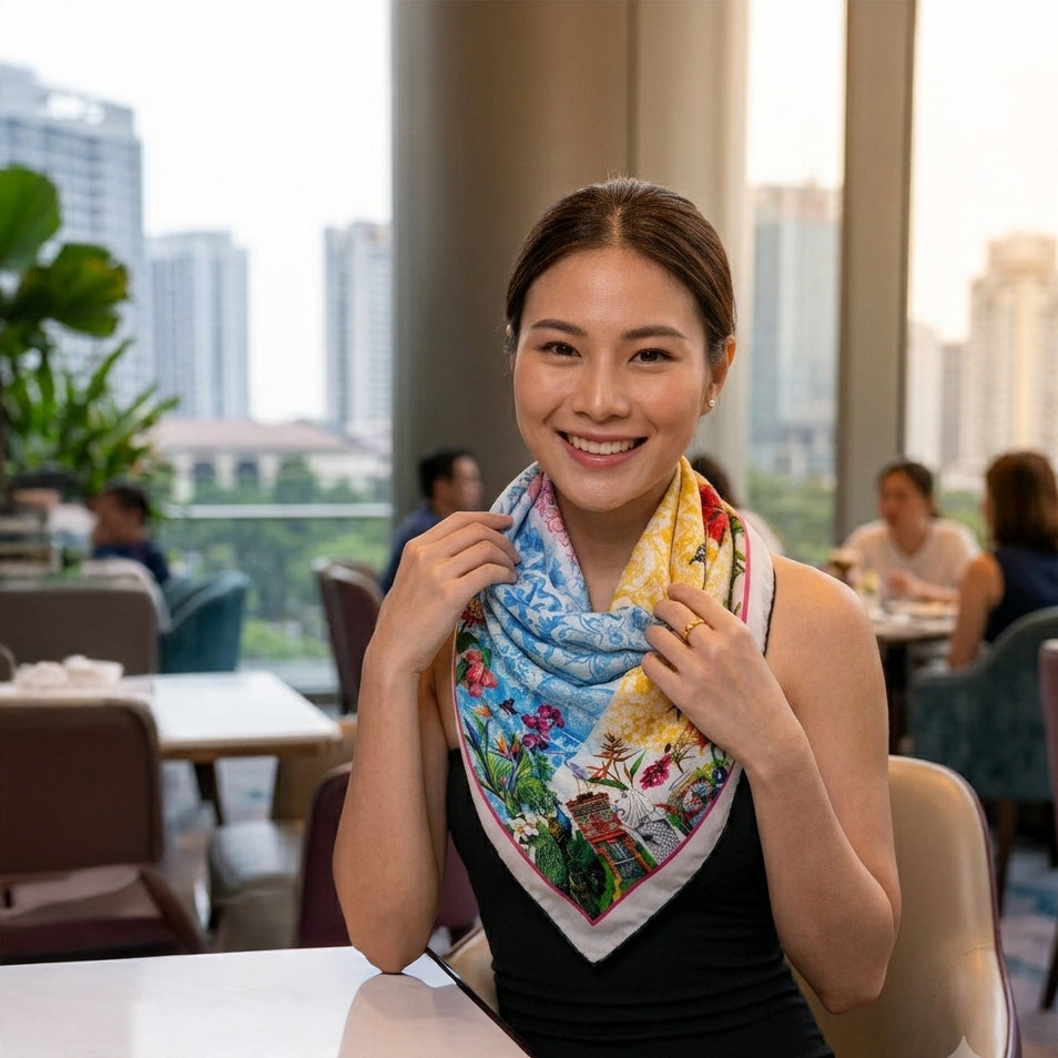 A woman wearing a colorful, patterned silk scarf with blue, yellow, and red floral designs, posing in a modern, sunlit cafe with city buildings in the background. Model styling the Kelly Ser Oriental Blossom silk scarf as an elegant neckerchief