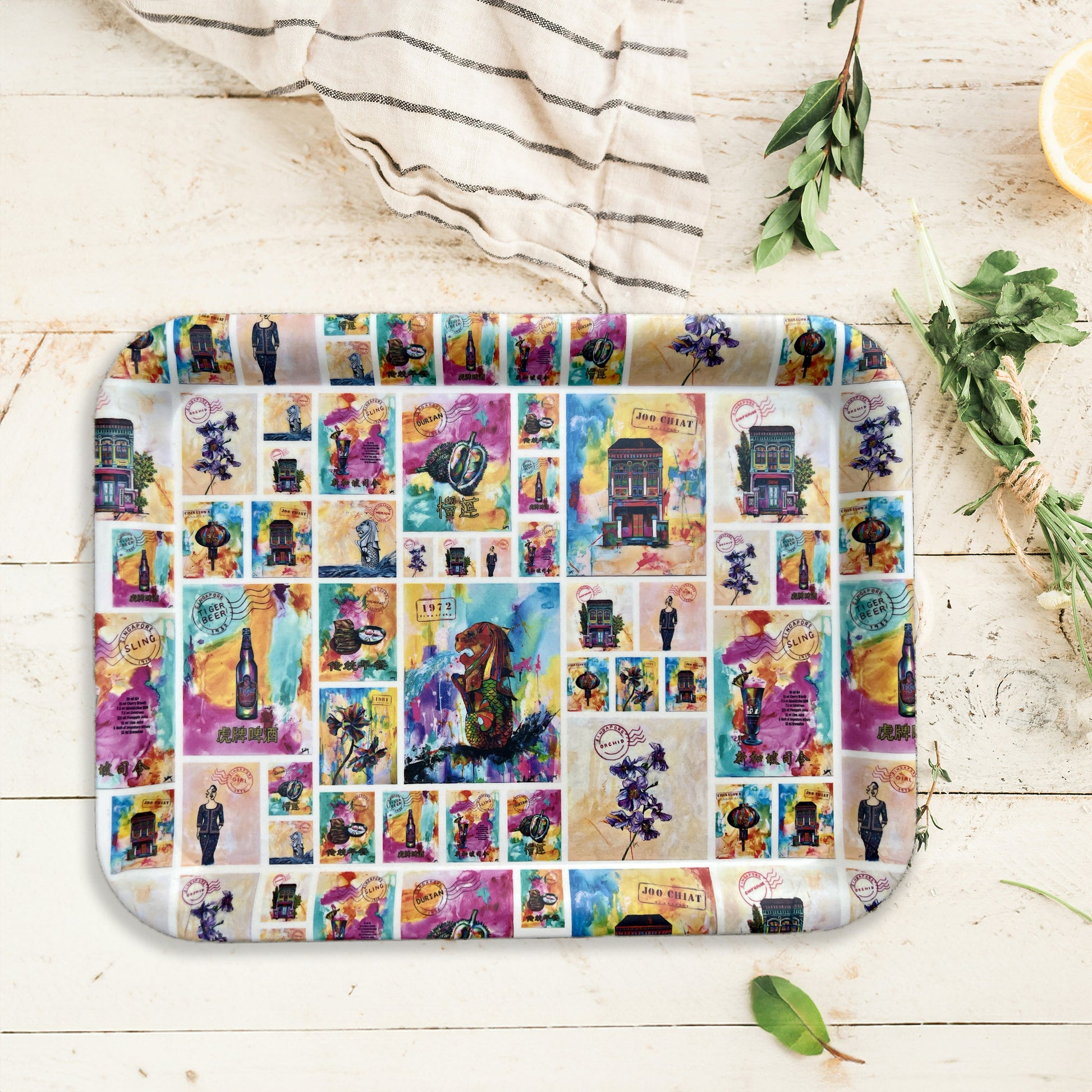 Singapore art, Singapore memories, Corporate Gift Singapore, Gift from Singapore, Kelly Bamboo Tray, Singapore Story, Kelly Ser Atelier, Bamboo Plates, Sustainable Gift, Singapore Tray