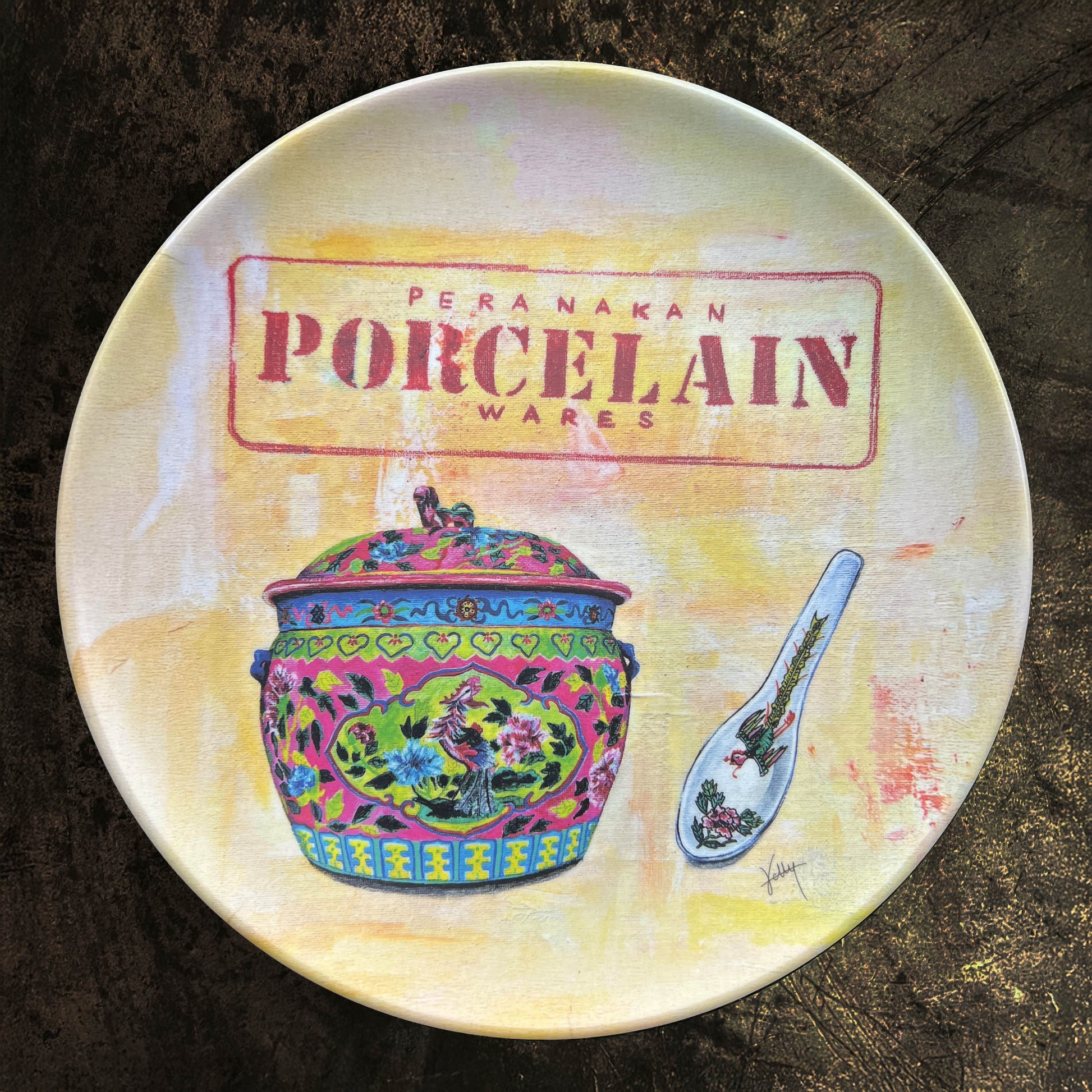 Peranakan Kamcheng bamboo fibre plate styled on dining table, Singapore heritage dinnerware