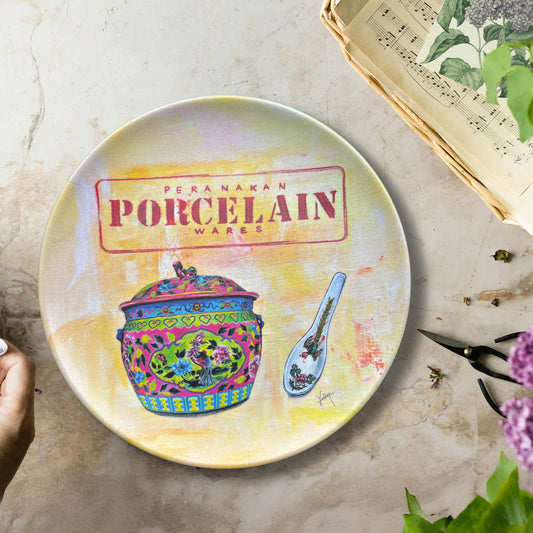 Peranakan Kamcheng bamboo fibre plate with porcelain artwork by Singapore artist Kelly Ser