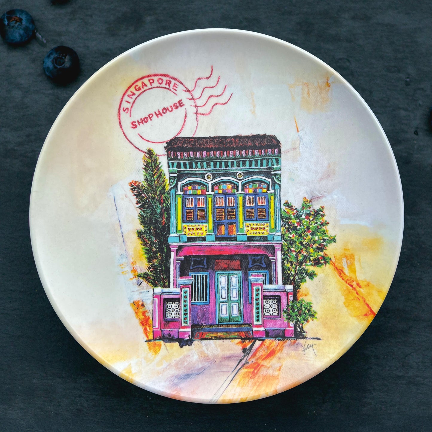 Peranakan Shophouse bamboo fibre plate with Singapore heritage artwork by Kelly Ser