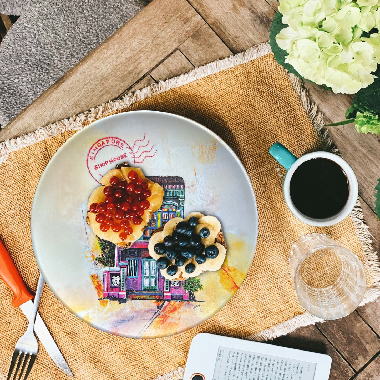 Peranakan Shophouse design plate on dining table, eco-friendly Singapore dinnerware