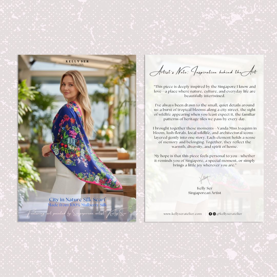 Luxury scarf gift from Singapore with hand painted art by Kelly Ser 