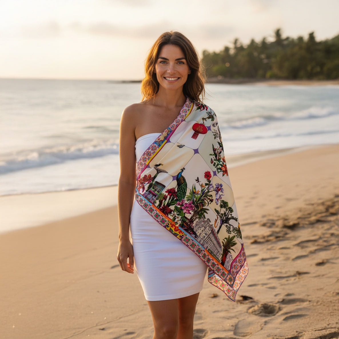A woman wearing Singapore Silk Scarf by Kelly Ser featuring hand-painted Fullerton Hotel and Merlion art gift