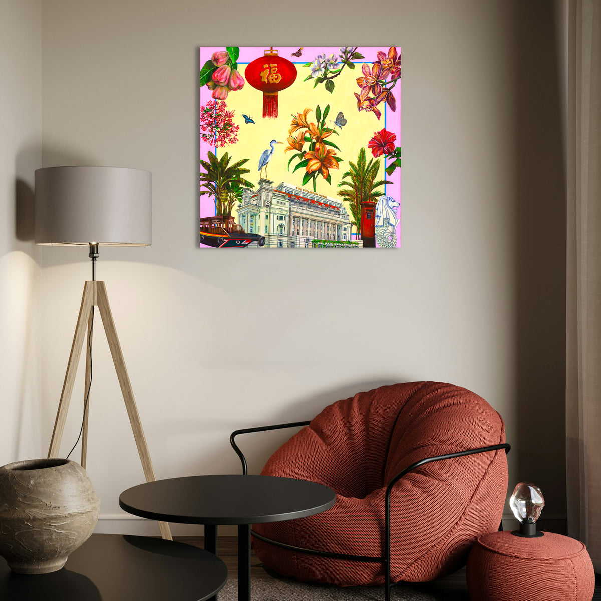 A square wall art print featuring a colorful Chinese New Year theme with a red lantern, flowers, birds, and a Singapore Fullerton Hotel facade with red lantern, orchids, bump boat, Merlion, hibiscus