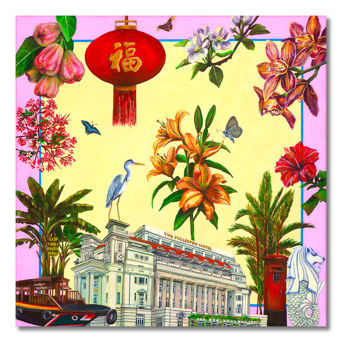 Singapore Fullerton Hotel artwork with red lantern, orchids, bump boat, Merlion, hibiscus